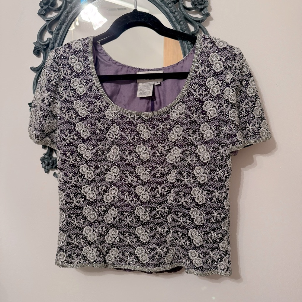 Adrianna Papell Sz 12 Silk Hand Sequined Embroidered Purple Formal Blouse